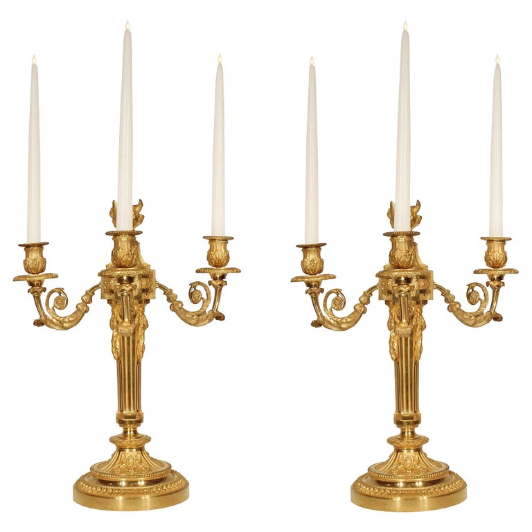 Pair of French 19th Century Louis XVI Style Ormolu Candelabras For Sale