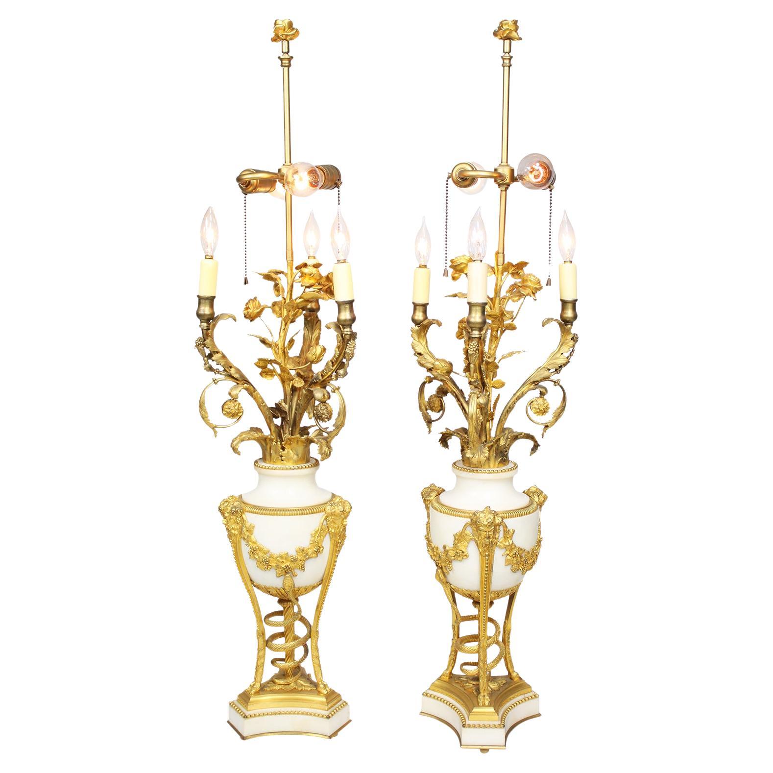 Pair of French 19th Century Louis XVI Style Ormolu 
Marble Candelabra Beurdeley For Sale