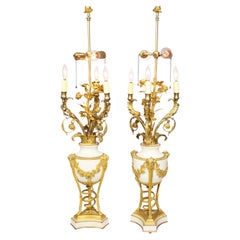 Pair of French 19th Century Louis XVI Style Ormolu 
Marble Candelabra Beurdeley
