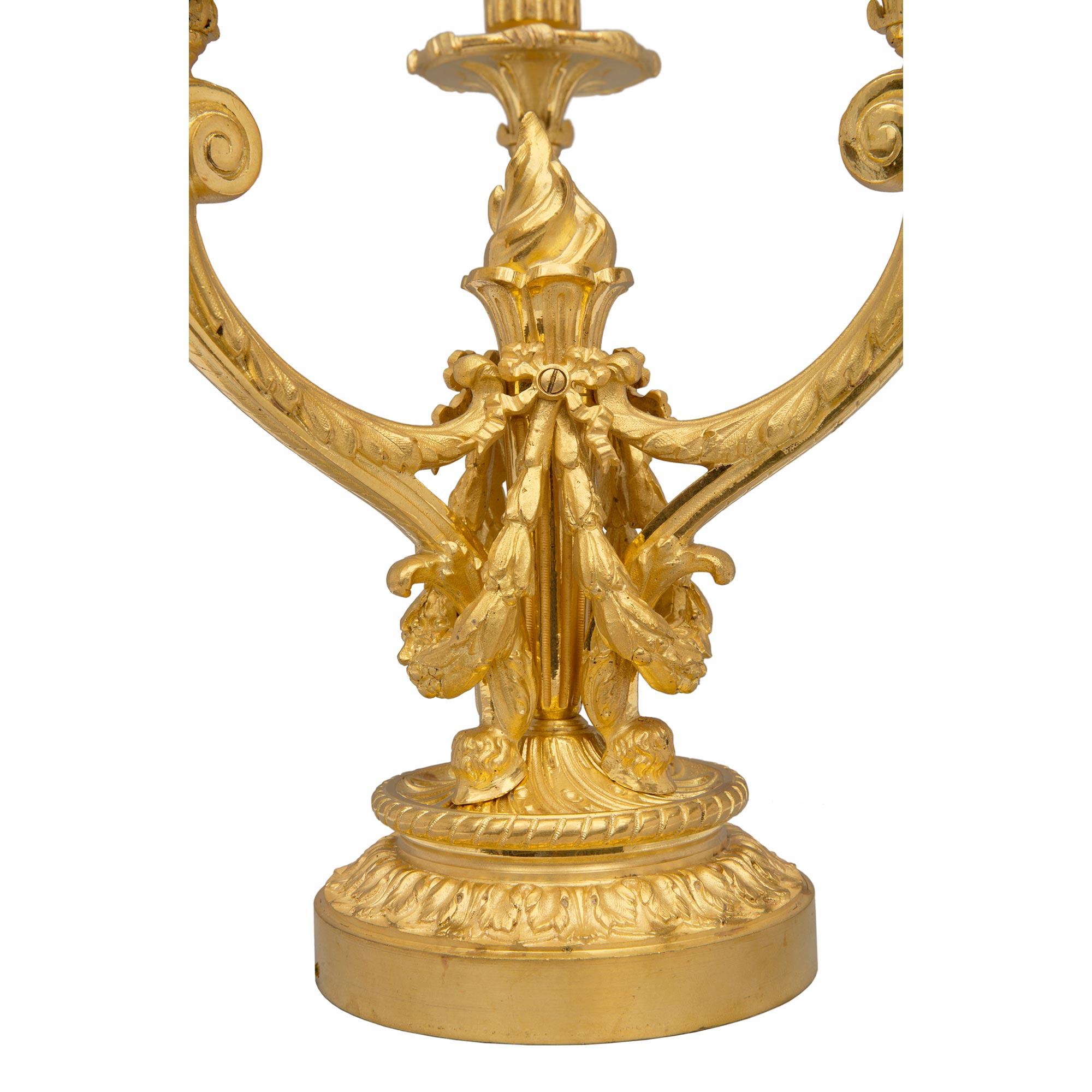 Pair of French 19th Century Louis XVI Style Ormolu Three-Arm Candelabras For Sale 3