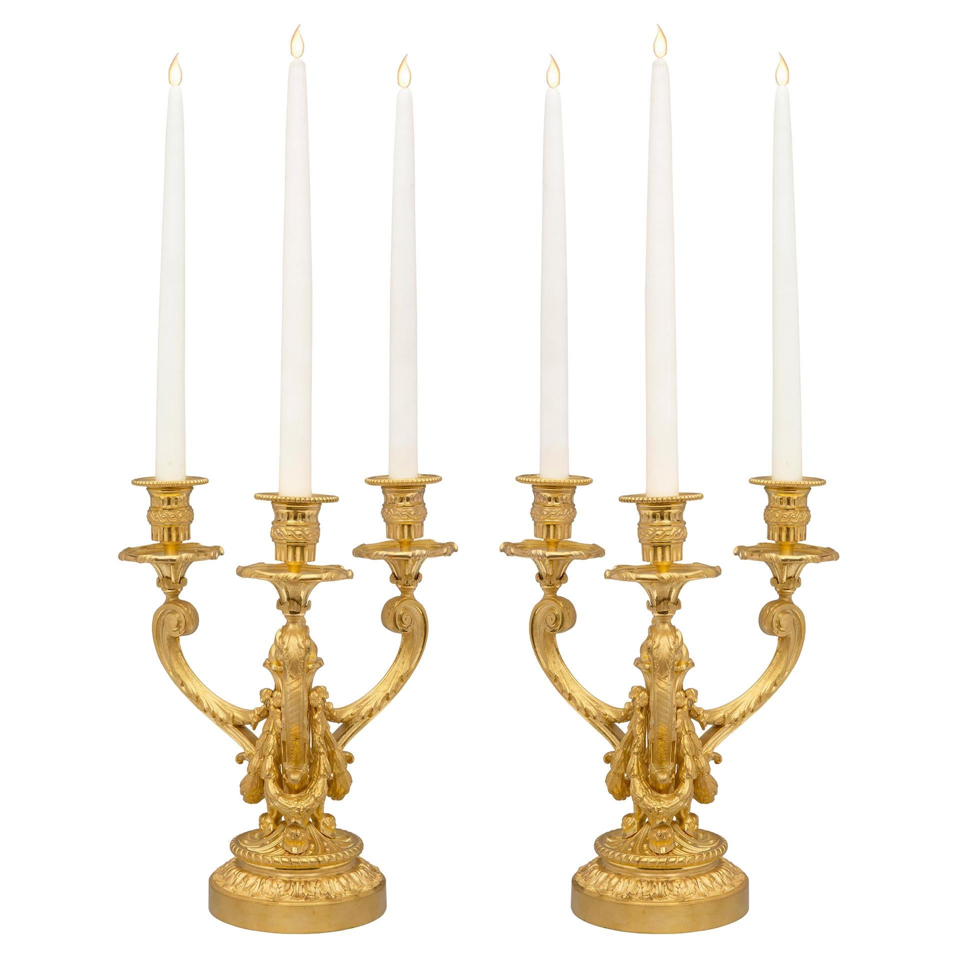 Pair of French 19th Century Louis XVI Style Ormolu Three-Arm Candelabras