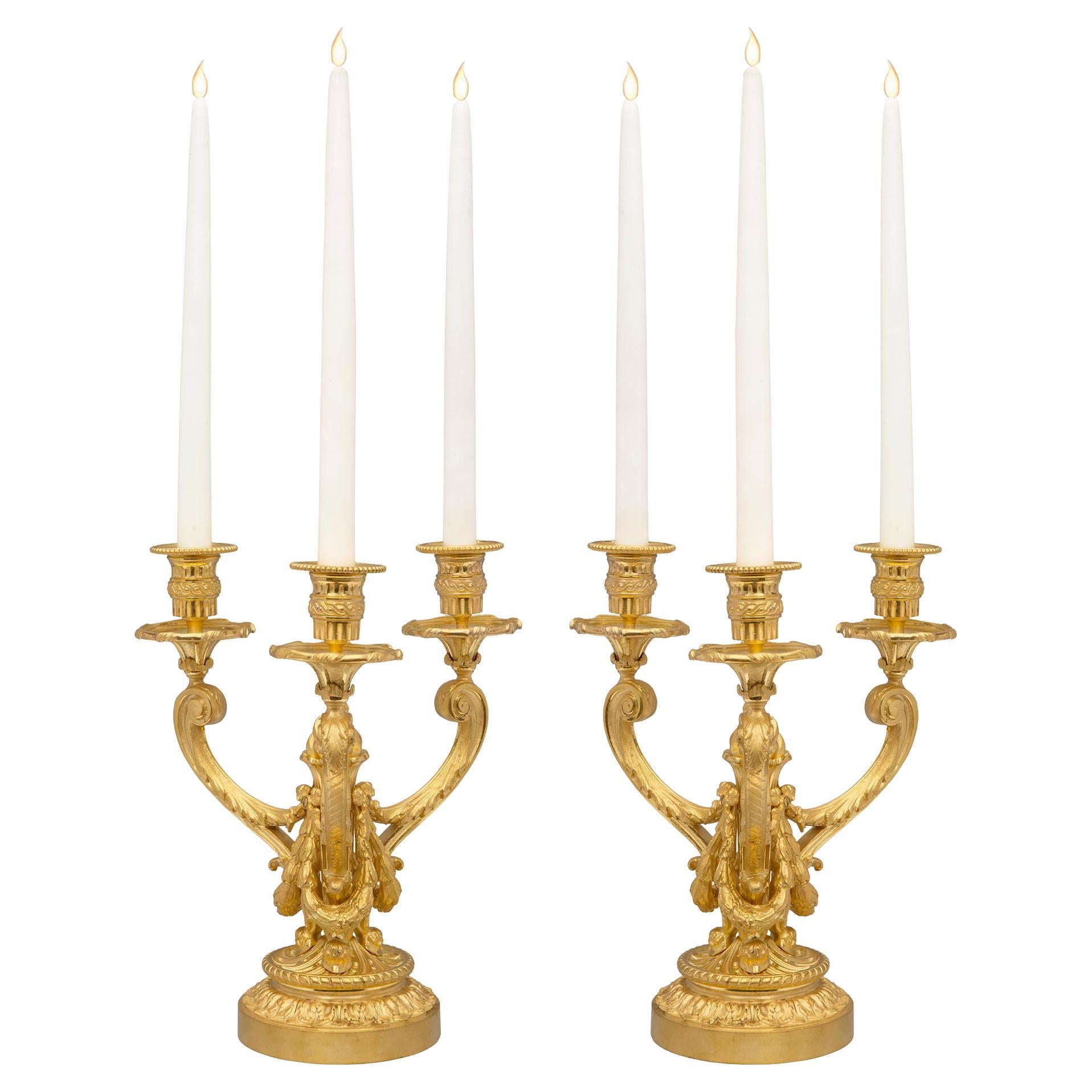 Pair of French 19th Century Louis XVI Style Ormolu Three-Arm Candelabras For Sale