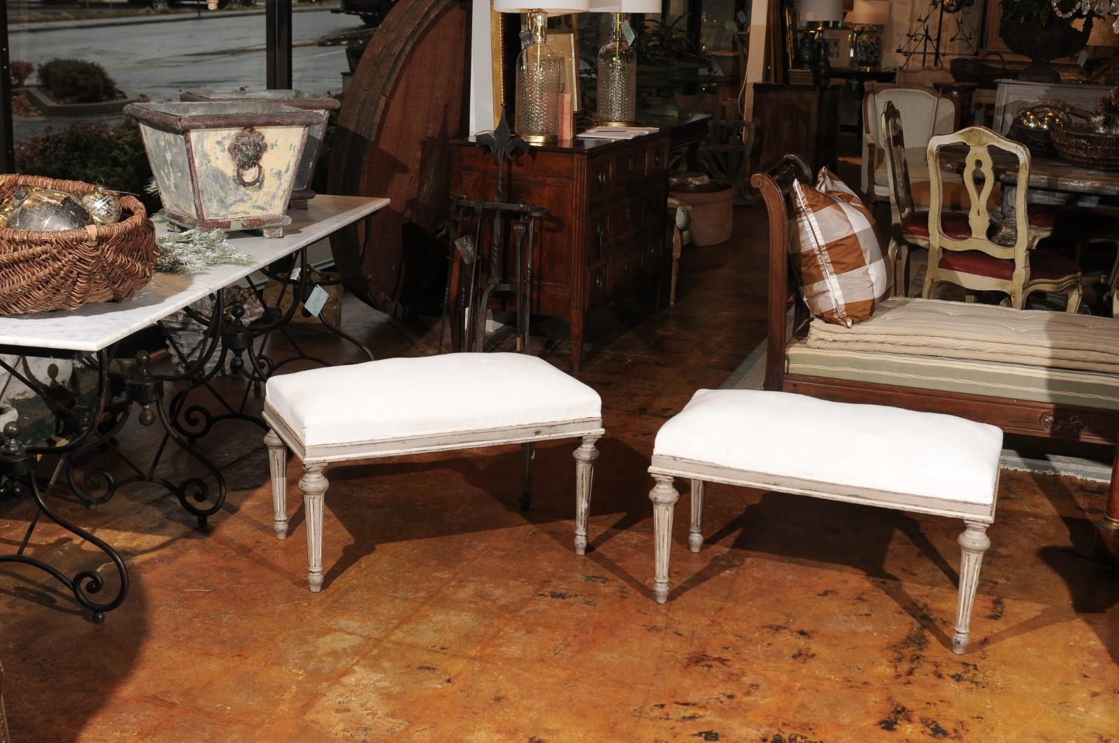 Hand-Painted  French 19th Century Louis XVI Style Painted Benche with Fluted Legs
