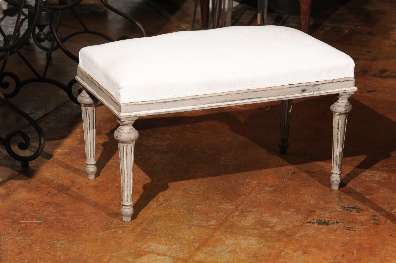 Wood  French 19th Century Louis XVI Style Painted Benche with Fluted Legs