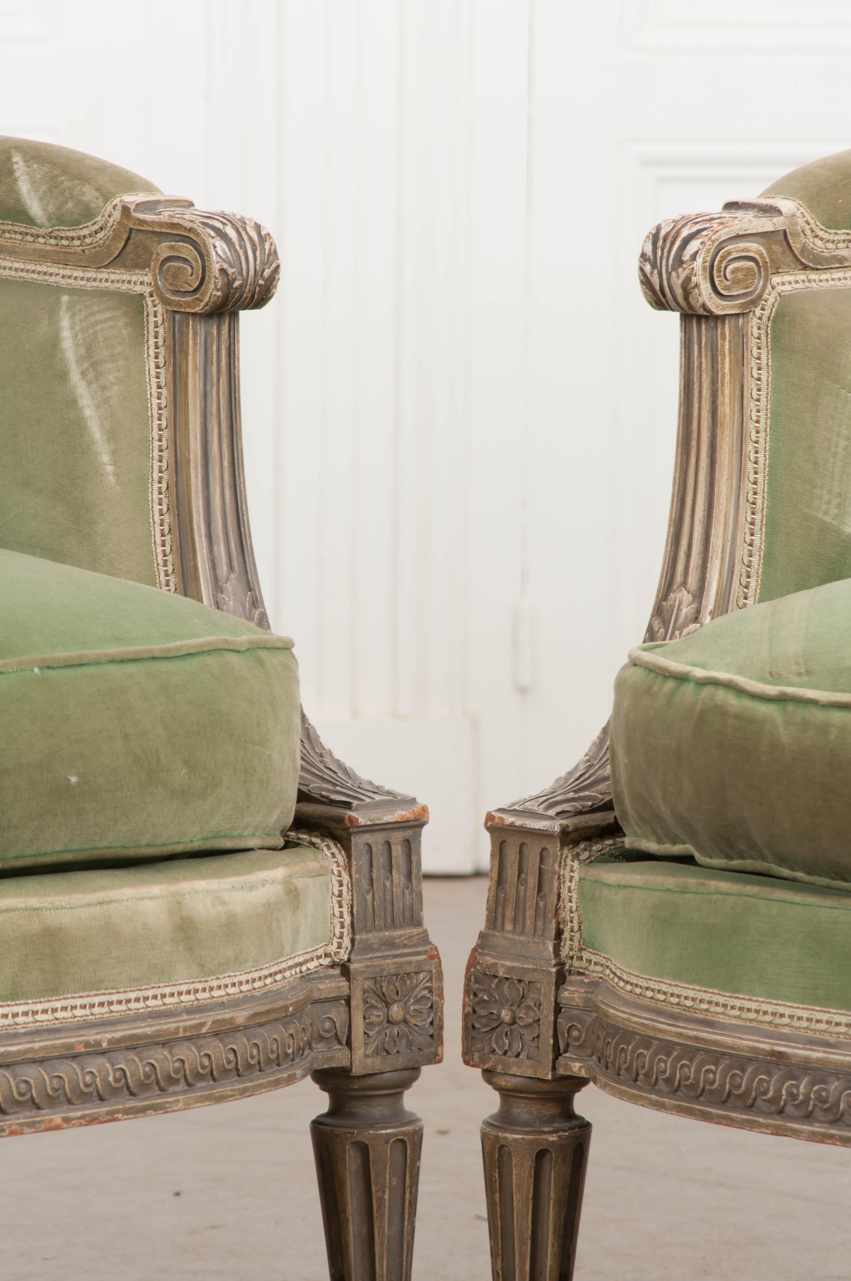 Pair of French 19th Century Louis XVI-Style Painted Bergères 4
