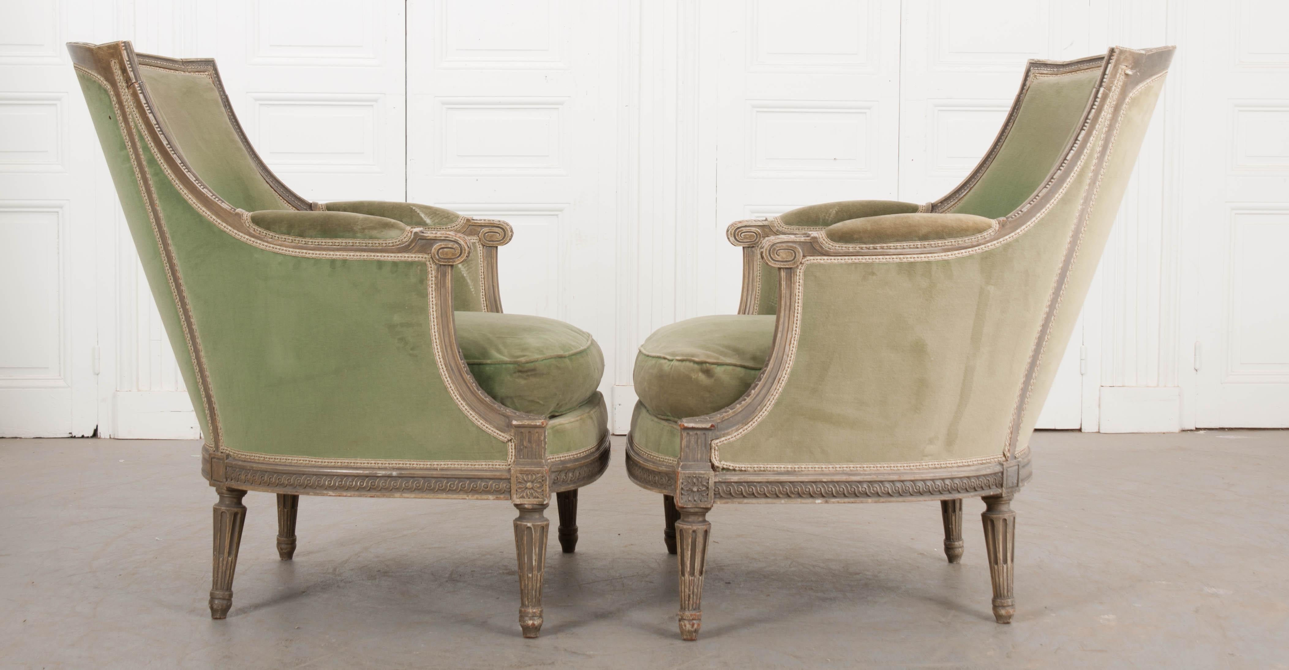 Pair of French 19th Century Louis XVI-Style Painted Bergères 8