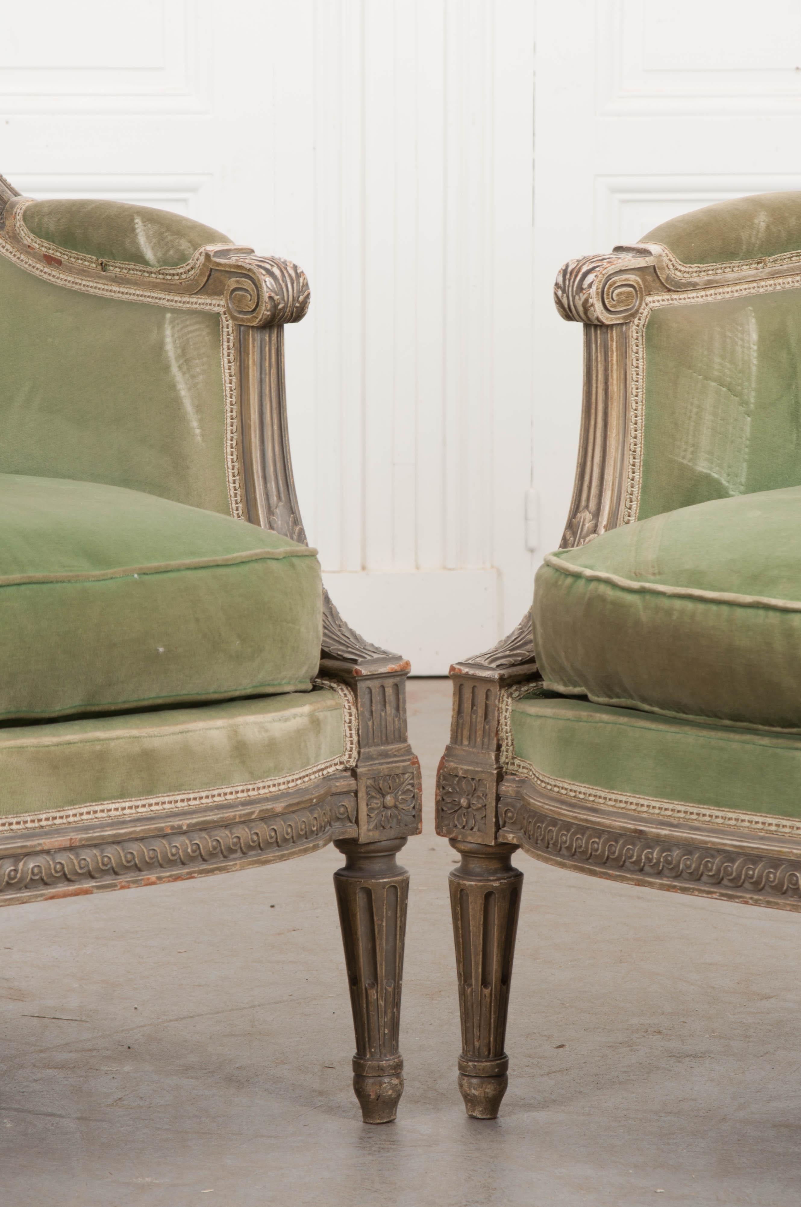 Pair of French 19th Century Louis XVI-Style Painted Bergères 2