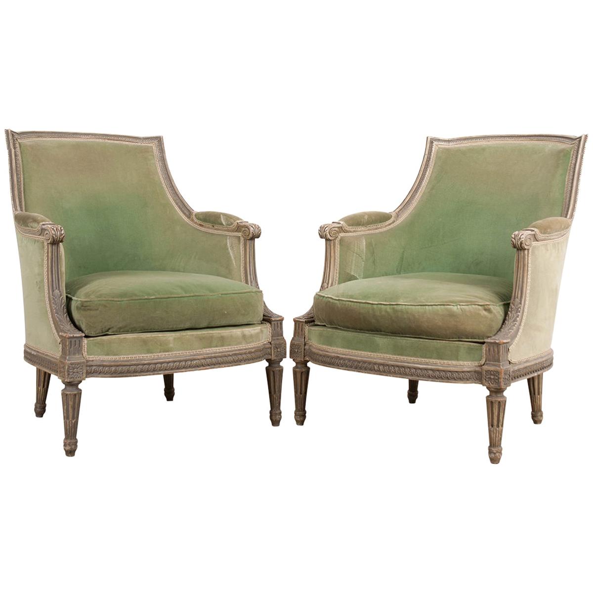 Pair of French 19th Century Louis XVI-Style Painted Bergères