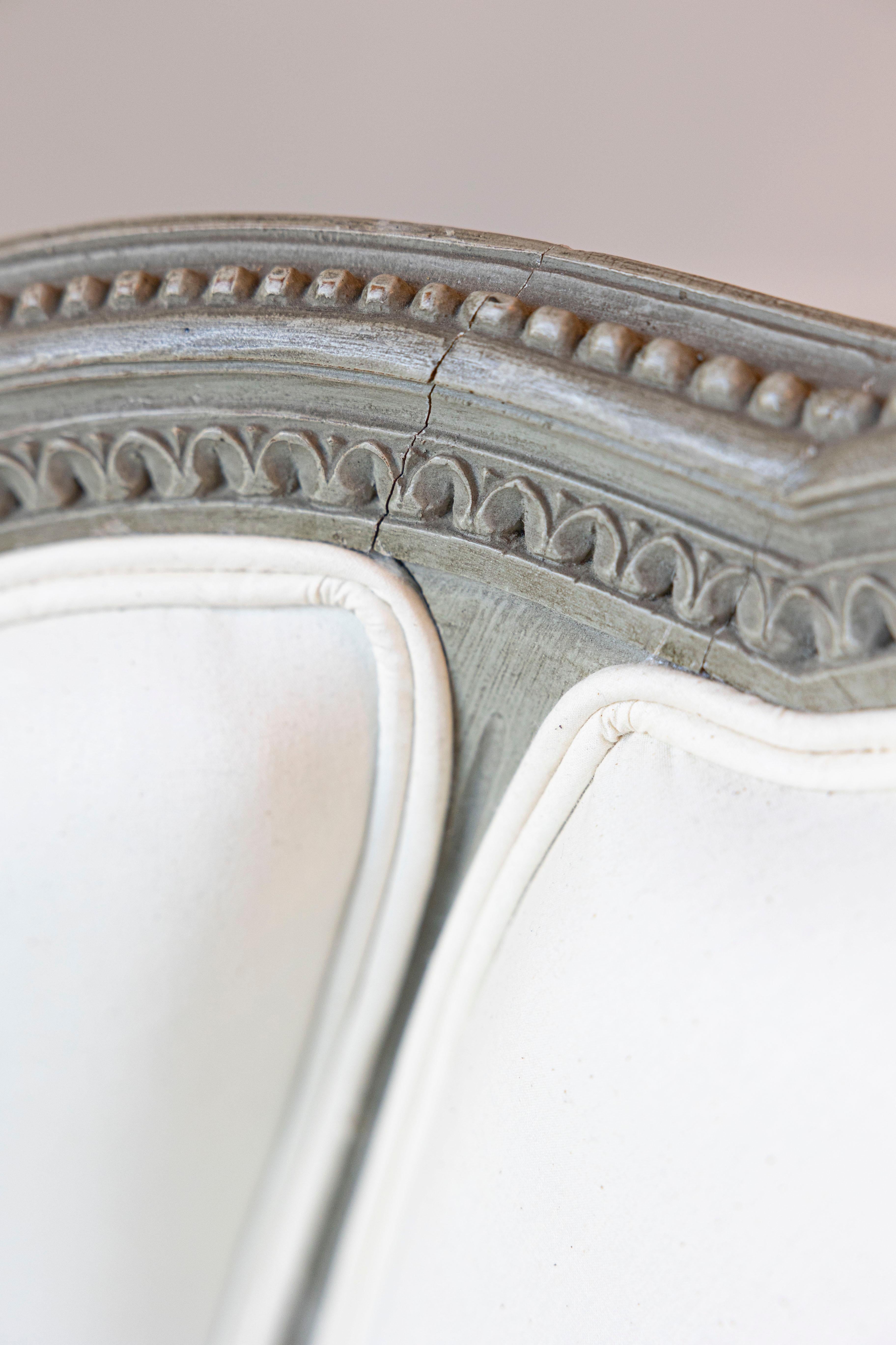 Pair of French 19th Century Louis XVI Style Painted Bergères with Upholstery For Sale 6