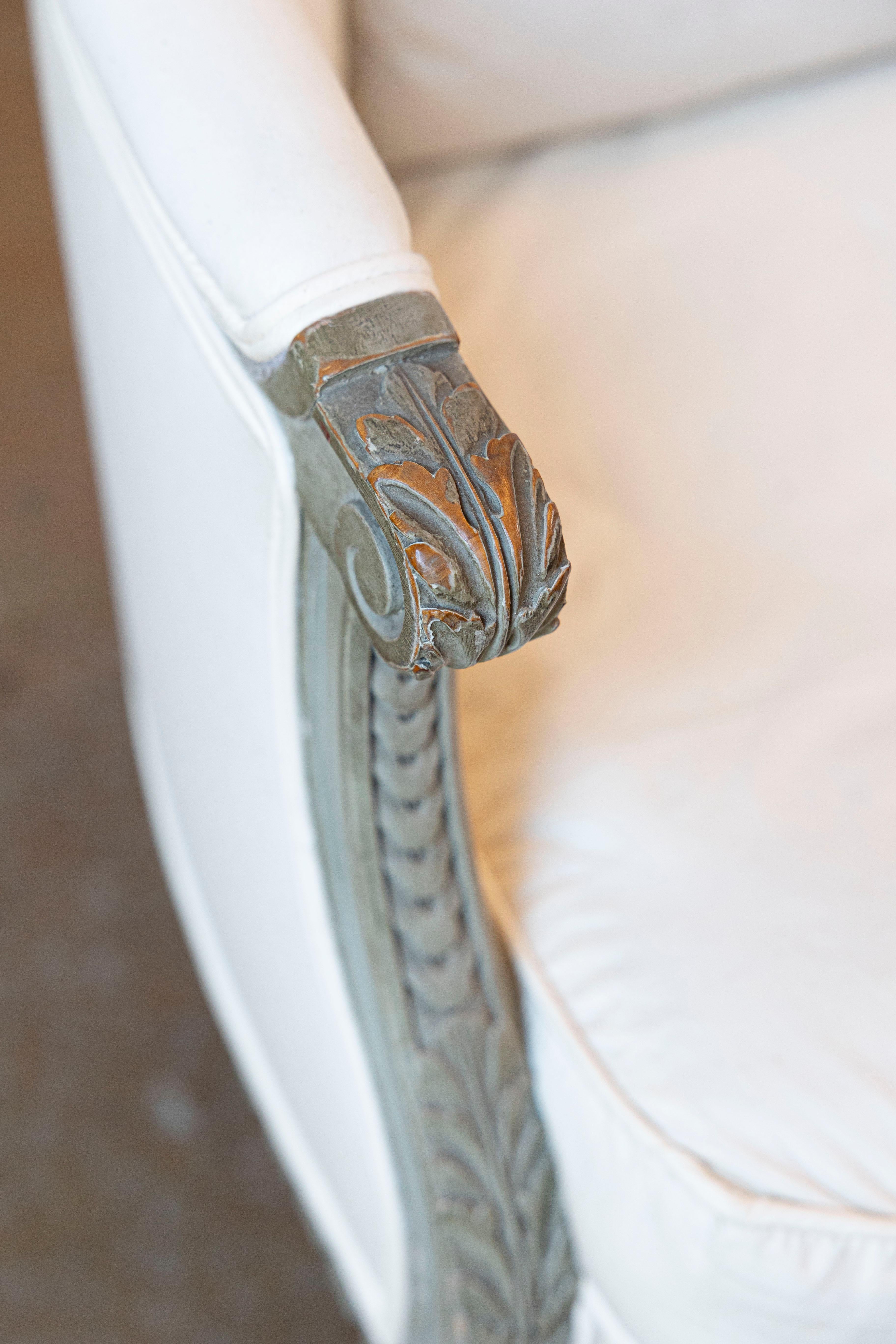 Pair of French 19th Century Louis XVI Style Painted Bergères with Upholstery For Sale 7