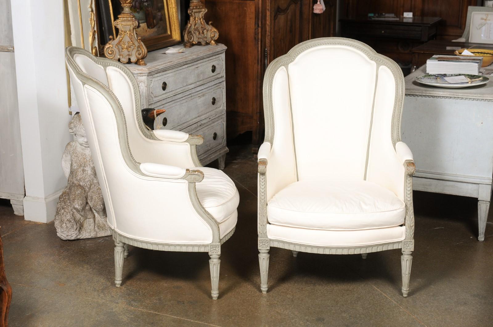 Pair of French 19th Century Louis XVI Style Painted Bergères with Upholstery For Sale 8