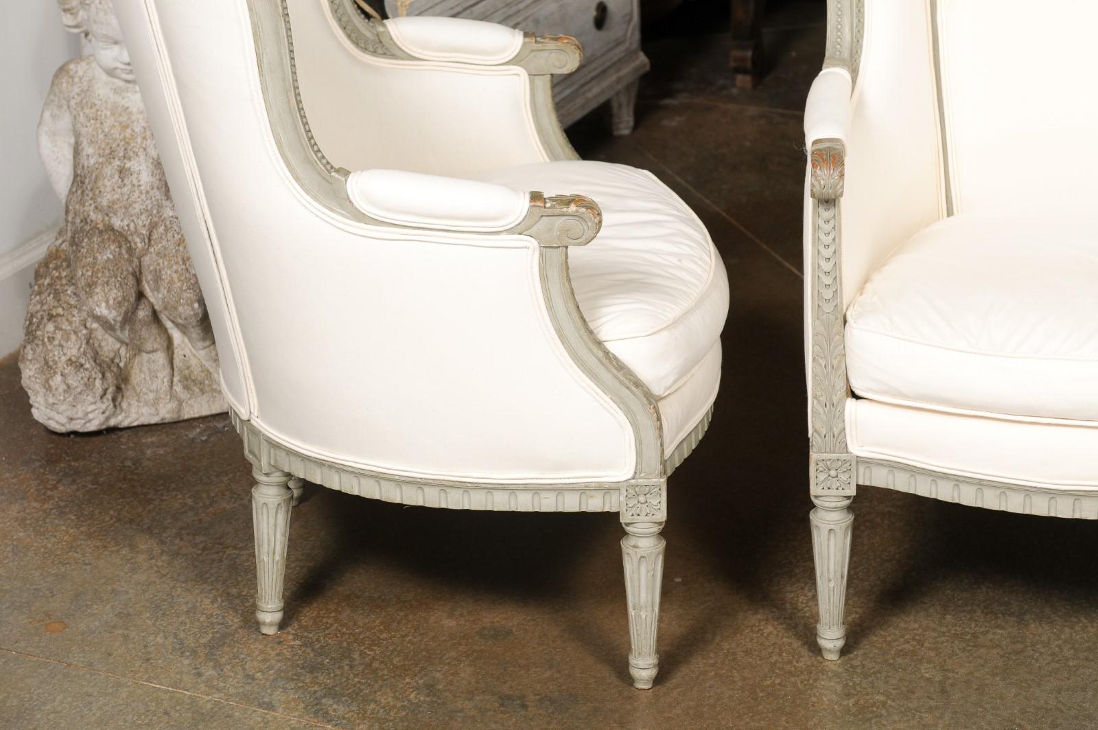 Pair of French 19th Century Louis XVI Style Painted Bergères with Upholstery For Sale 9