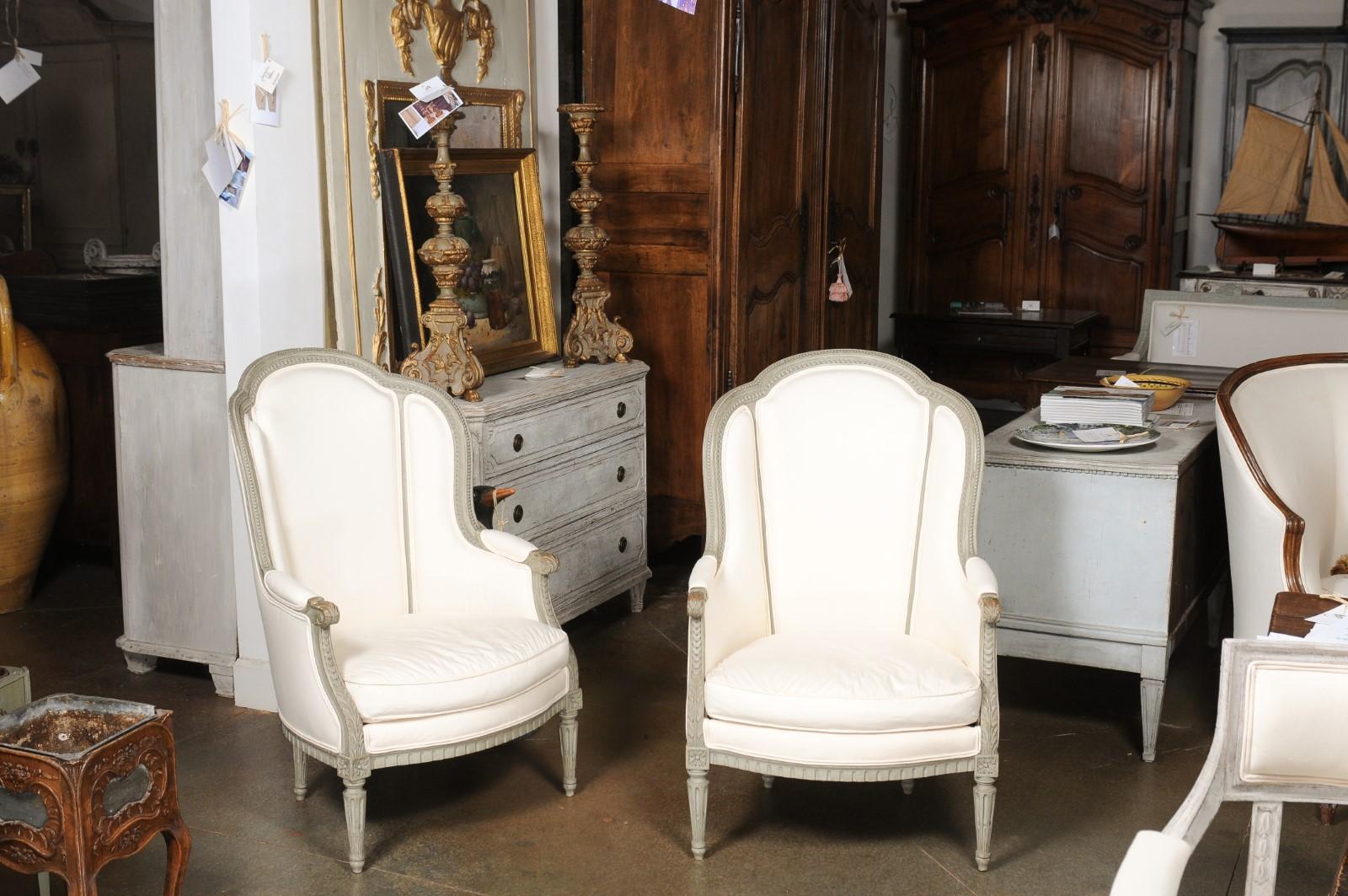 Pair of French 19th Century Louis XVI Style Painted Bergères with Upholstery For Sale 2