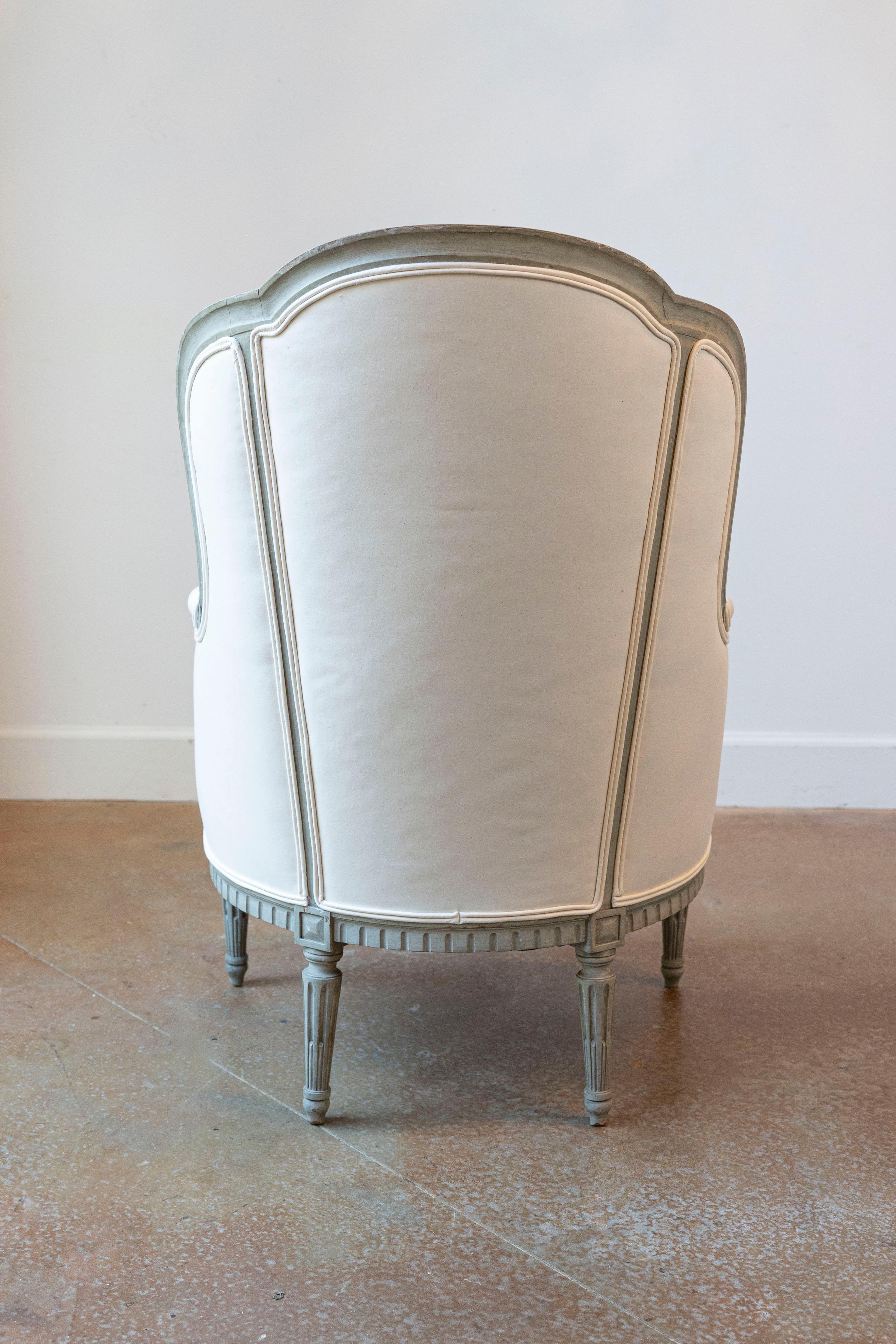 Pair of French 19th Century Louis XVI Style Painted Bergères with Upholstery For Sale 2