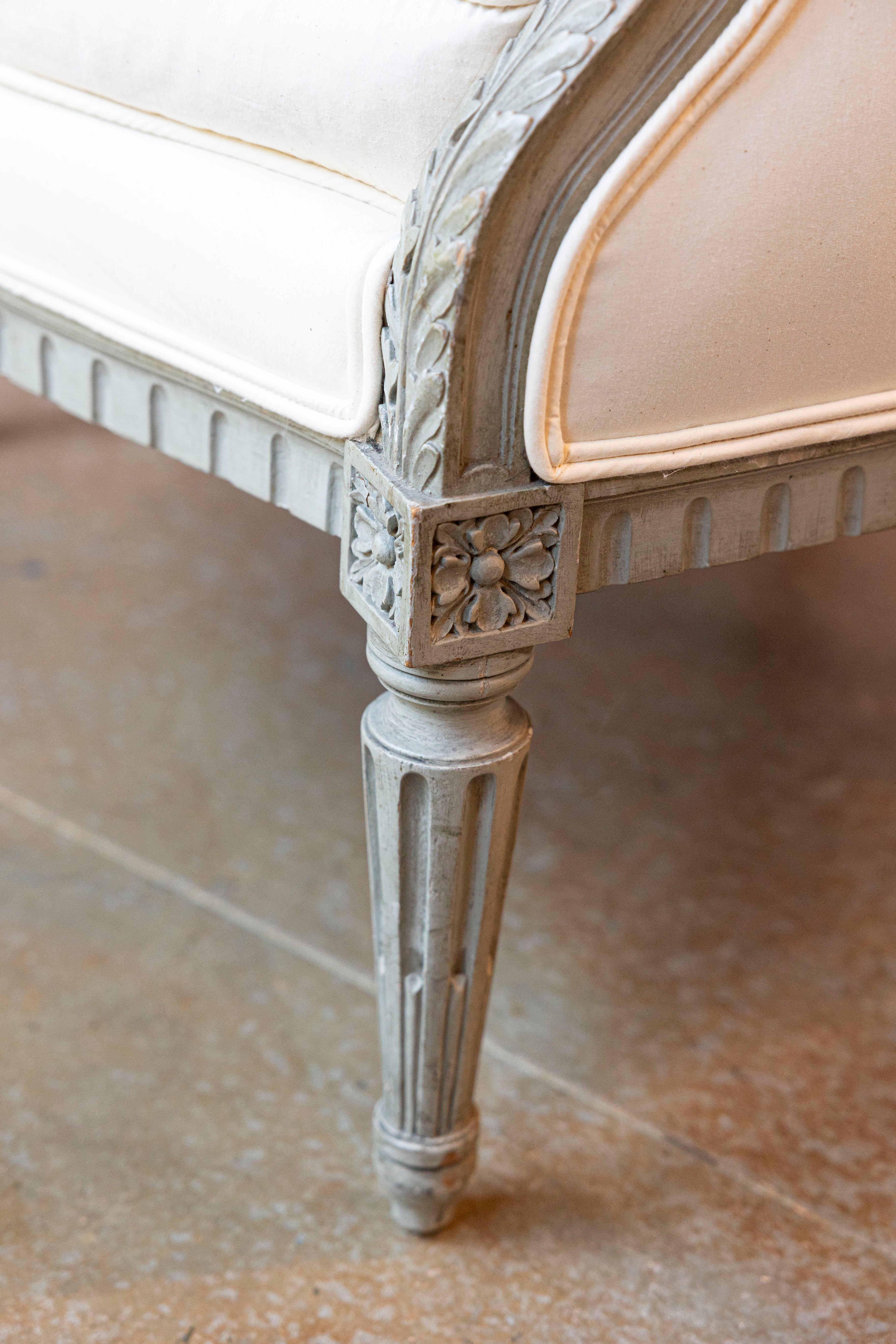 Pair of French 19th Century Louis XVI Style Painted Bergères with Upholstery For Sale 3