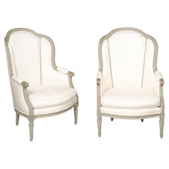 Pair of French 19th Century Louis XVI Style Painted Bergères with Upholstery