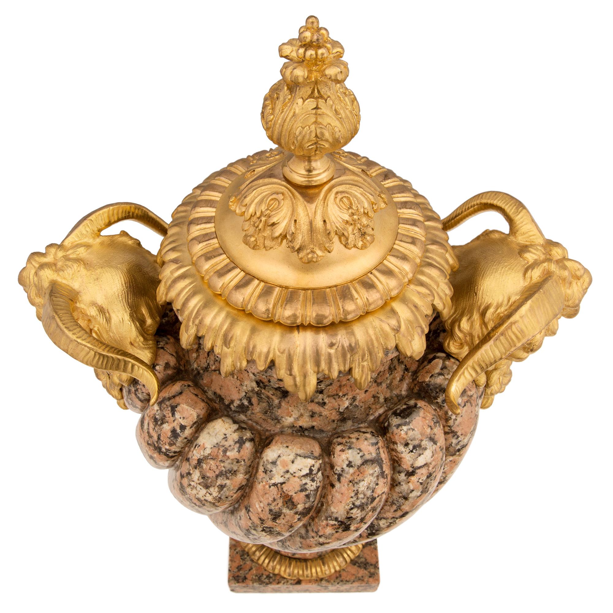 Pair of French 19th Century Louis XVI Style Pink Granite and Ormolu Urns For Sale 1