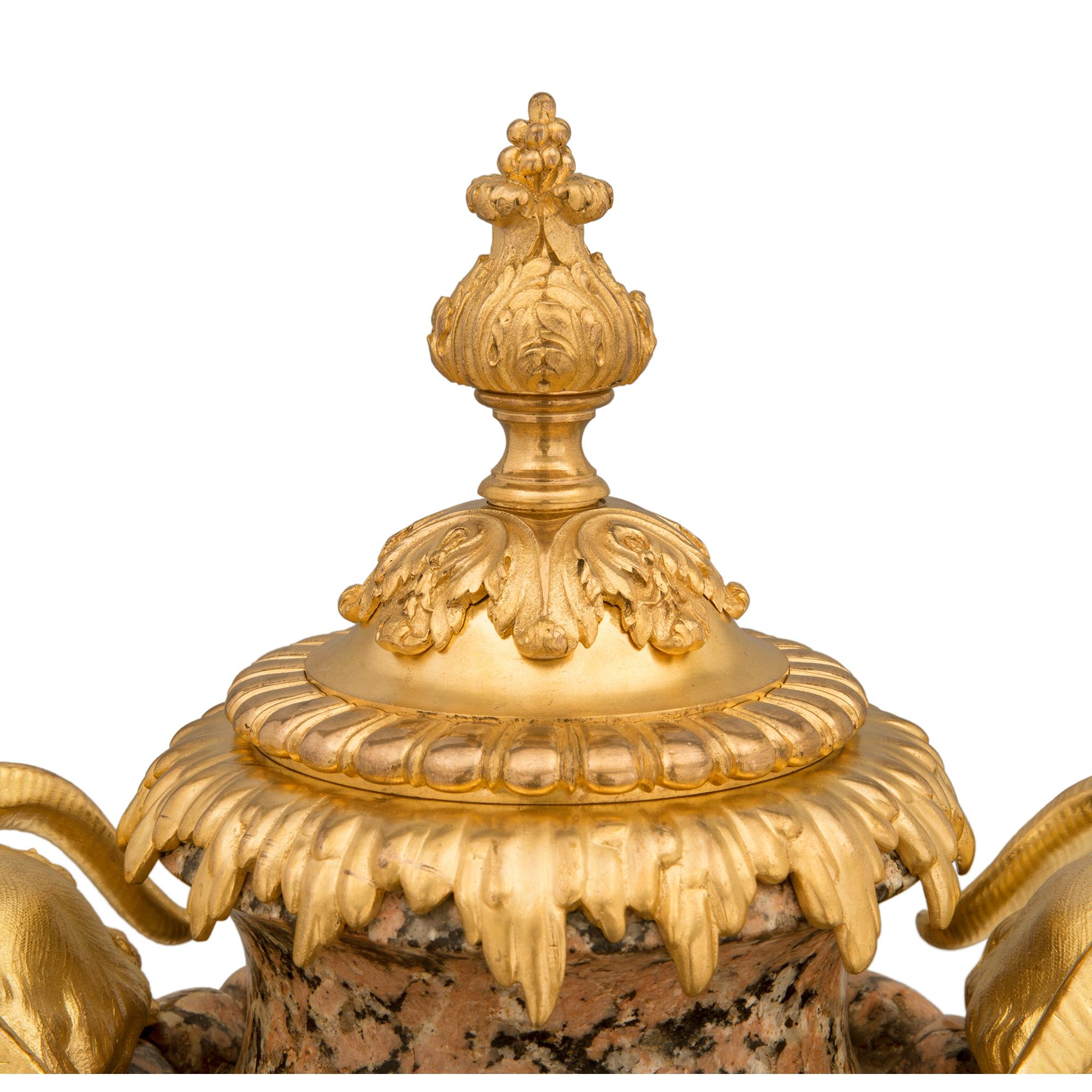 Pair of French 19th Century Louis XVI Style Pink Granite and Ormolu Urns For Sale 2
