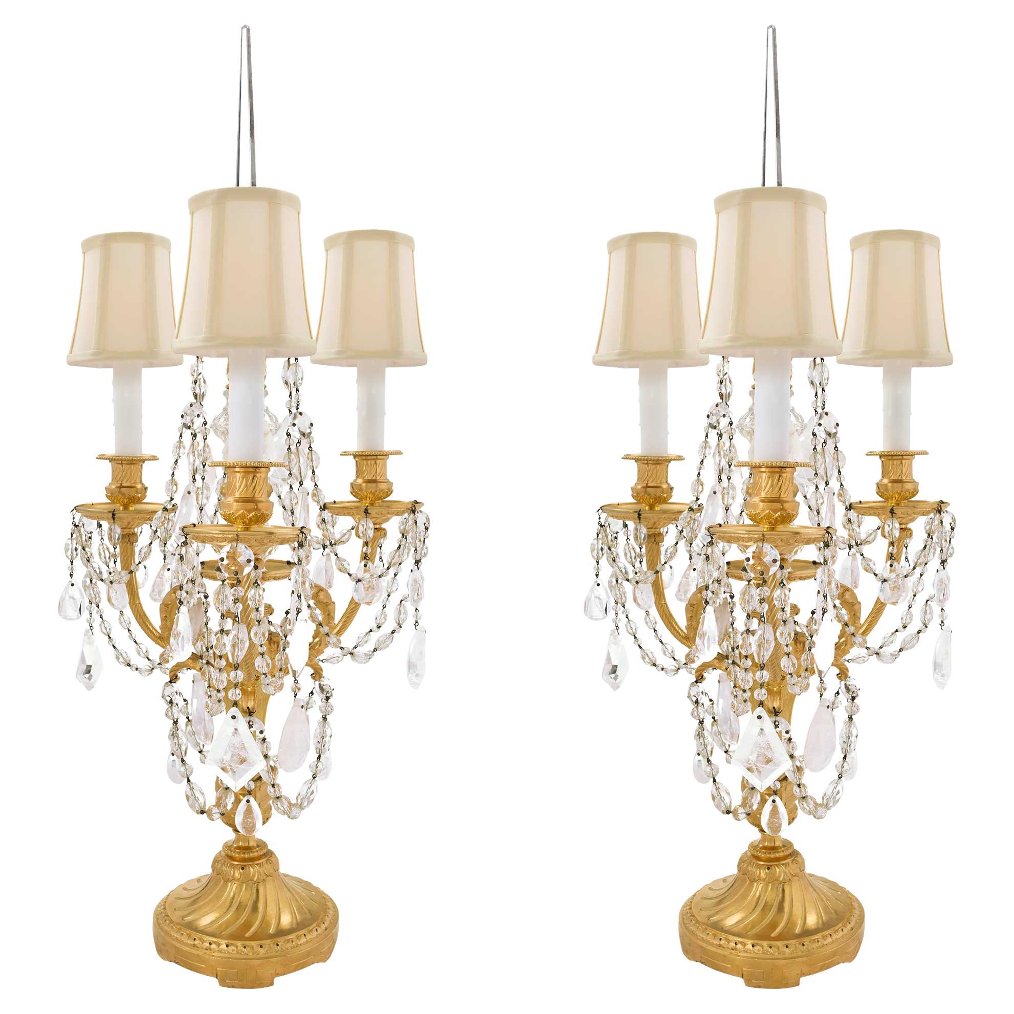 Pair of French 19th Century Louis XVI Style Rock Crystal Girandoles Lamps For Sale