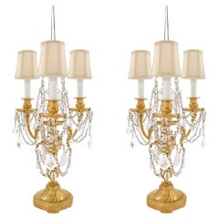 Pair of French 19th Century Louis XVI Style Rock Crystal Girandoles Lamps
