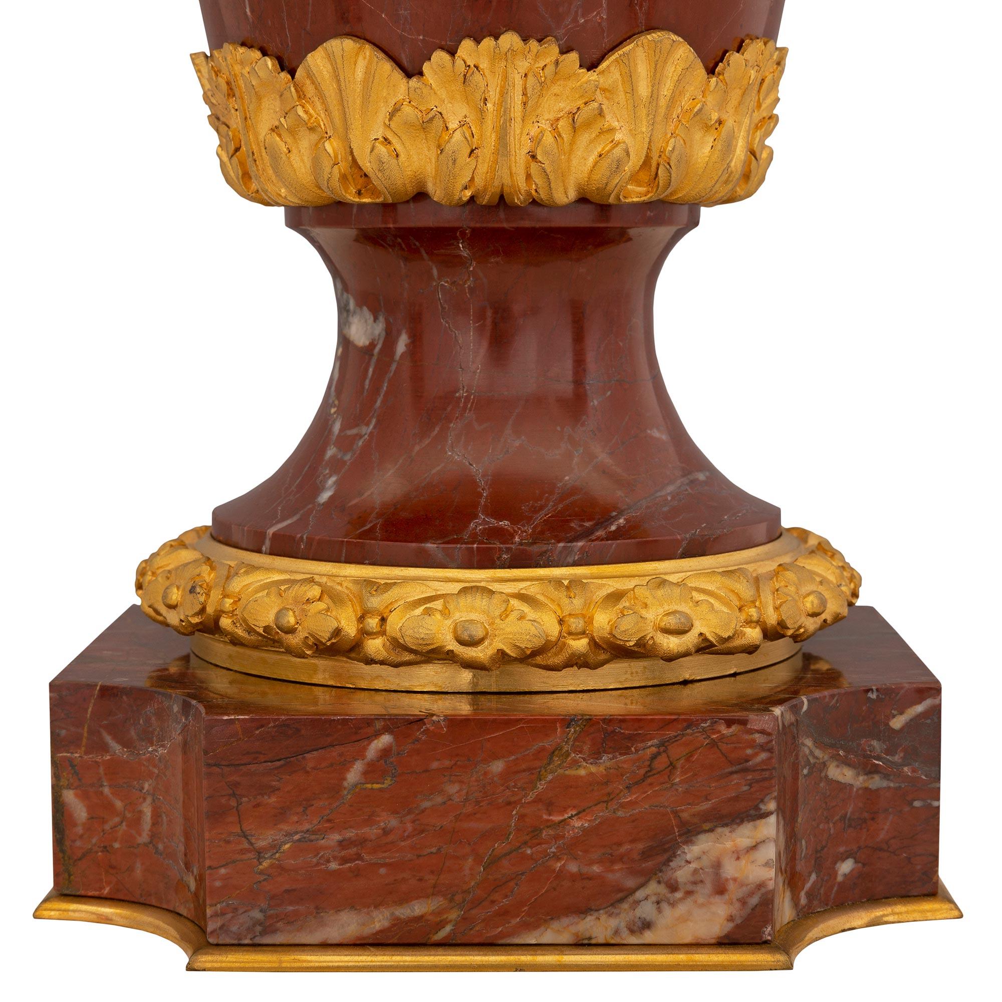 Pair of French 19th Century Louis XVI Style Rouge Marble and Ormolu Urns For Sale 6