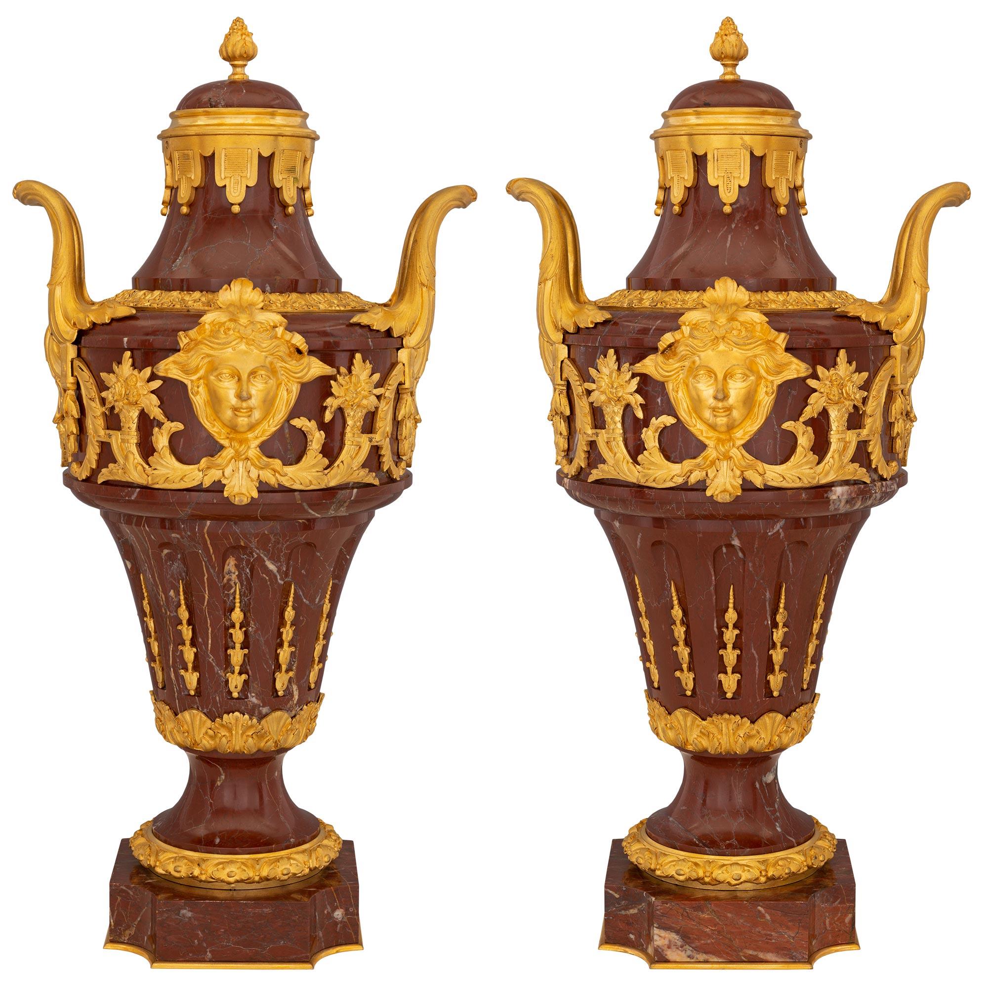 Pair of French 19th Century Louis XVI Style Rouge Marble and Ormolu Urns
