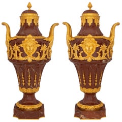Pair of French 19th Century Louis XVI Style Rouge Marble and Ormolu Urns