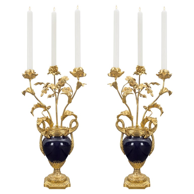 Pair of French 19th Century Louis XVI Style Sèvres Porcelain Candelabras For Sale