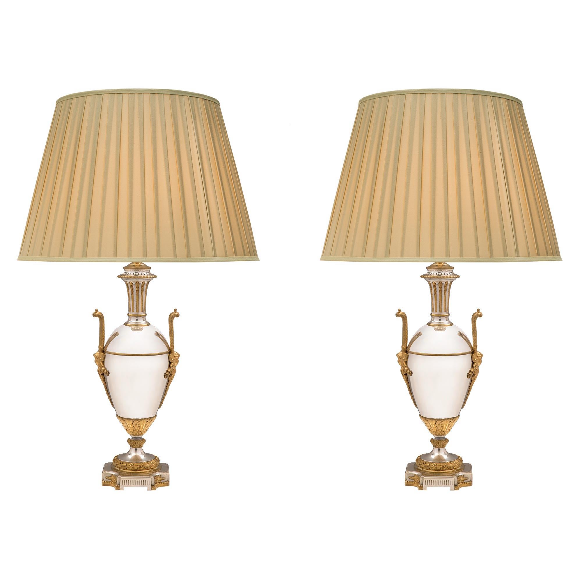 Pair of French 19th Century Louis XVI Style Silvered Bronze and Ormolu Lamps For Sale