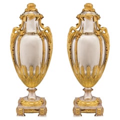 Pair of French 19th Century Louis XVI Style Silvered Bronze and Ormolu Urns