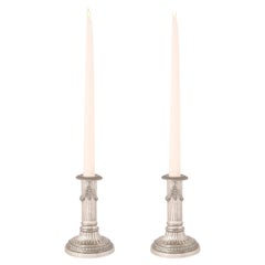 Pair of French 19th Century Louis XVI Style Silvered Bronze Candlesticks