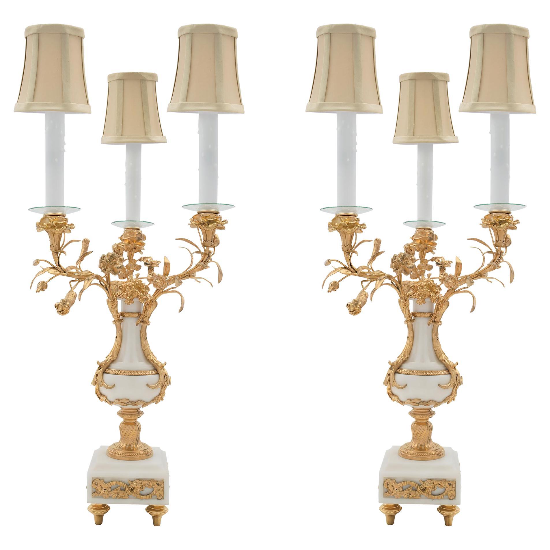 Pair of French 19th Century Louis XVI Style Three-Arm Electrified Candelabras For Sale