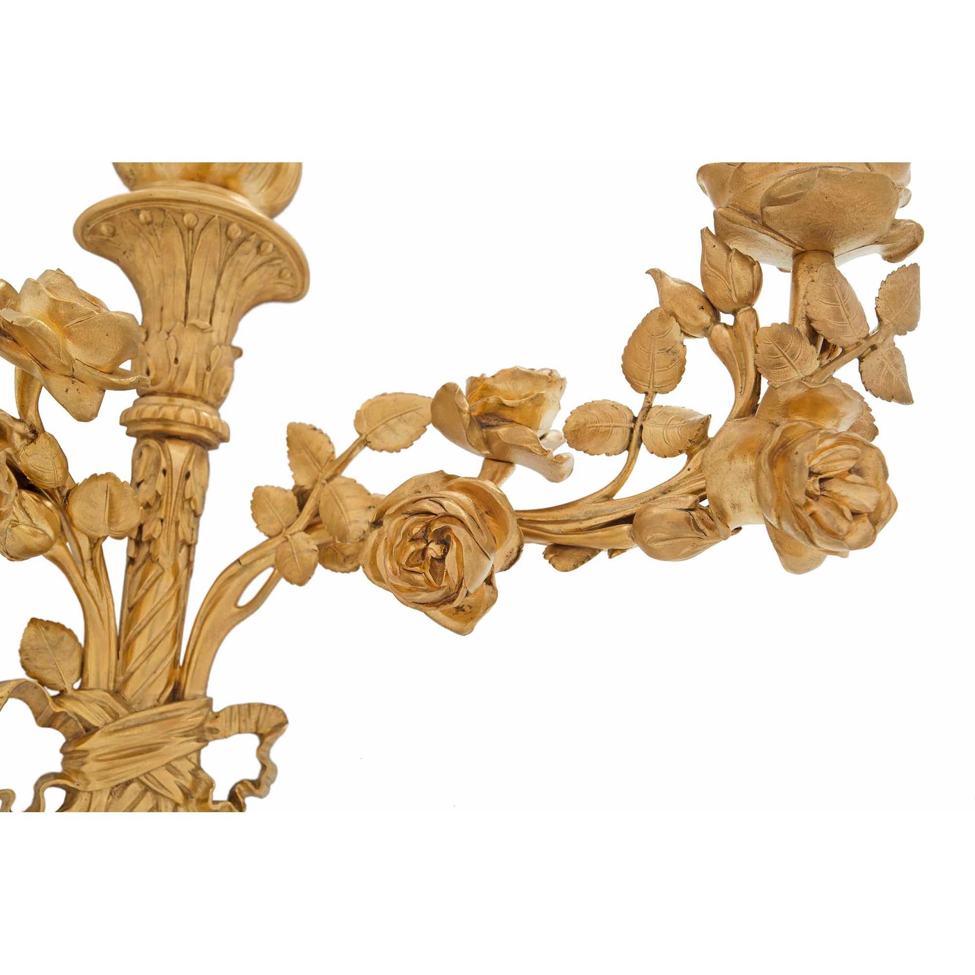 Pair of French 19th Century Louis XVI Style Two Arm Ormolu Sconces For Sale 1