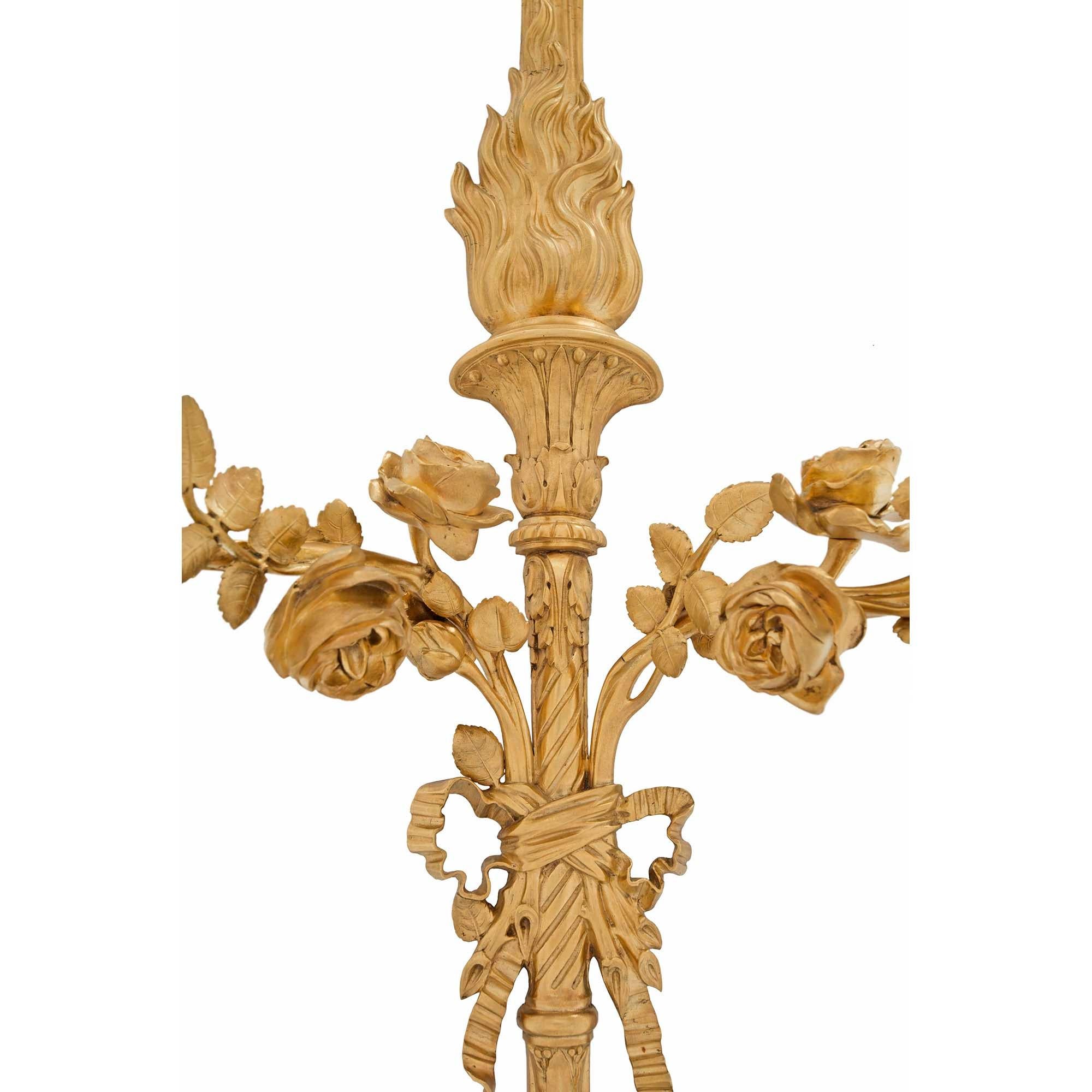 Pair of French 19th Century Louis XVI Style Two Arm Ormolu Sconces For Sale 2