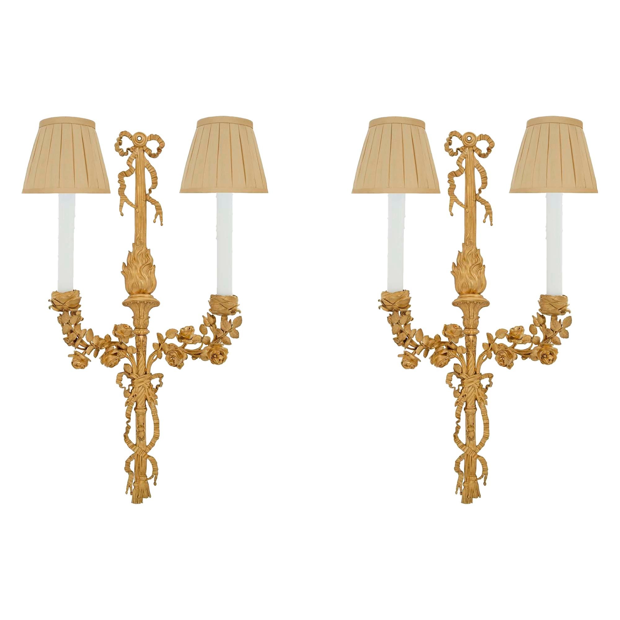 Pair of French 19th Century Louis XVI Style Two Arm Ormolu Sconces For Sale