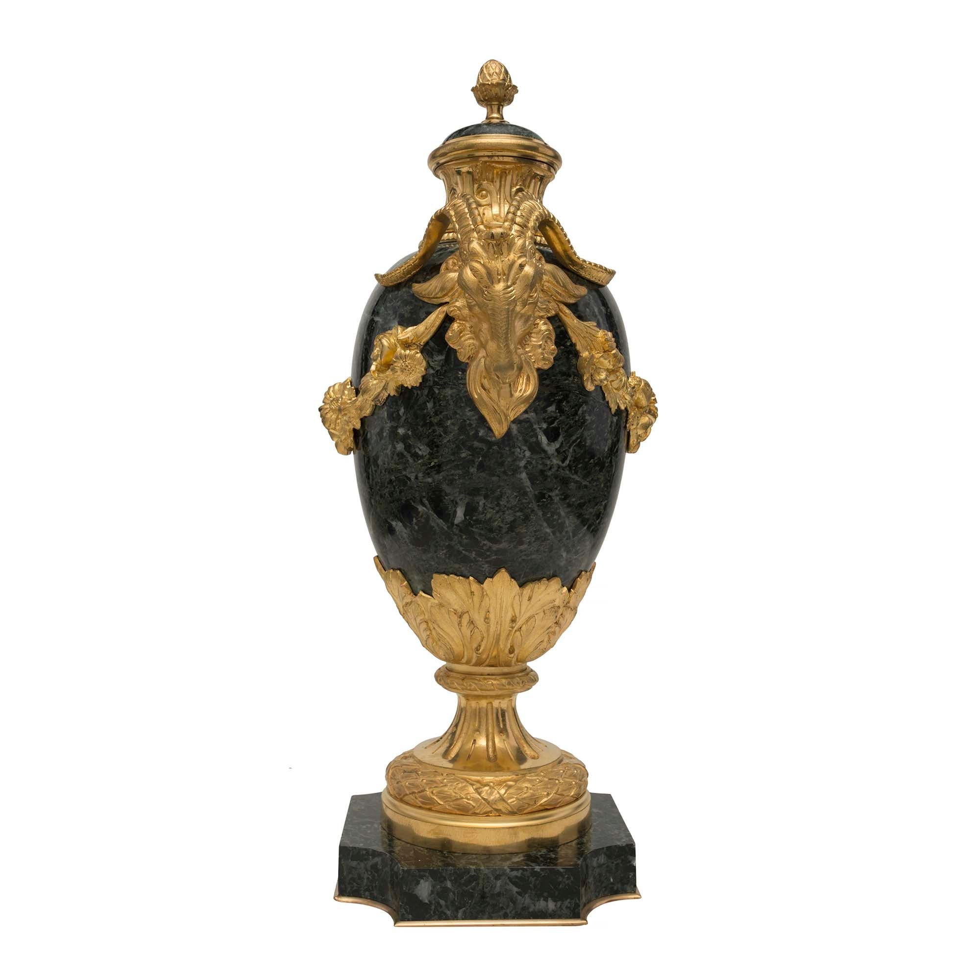 Ormolu Pair of French 19th Century Louis XVI Style Vert Antique Lidded Marble Urns For Sale