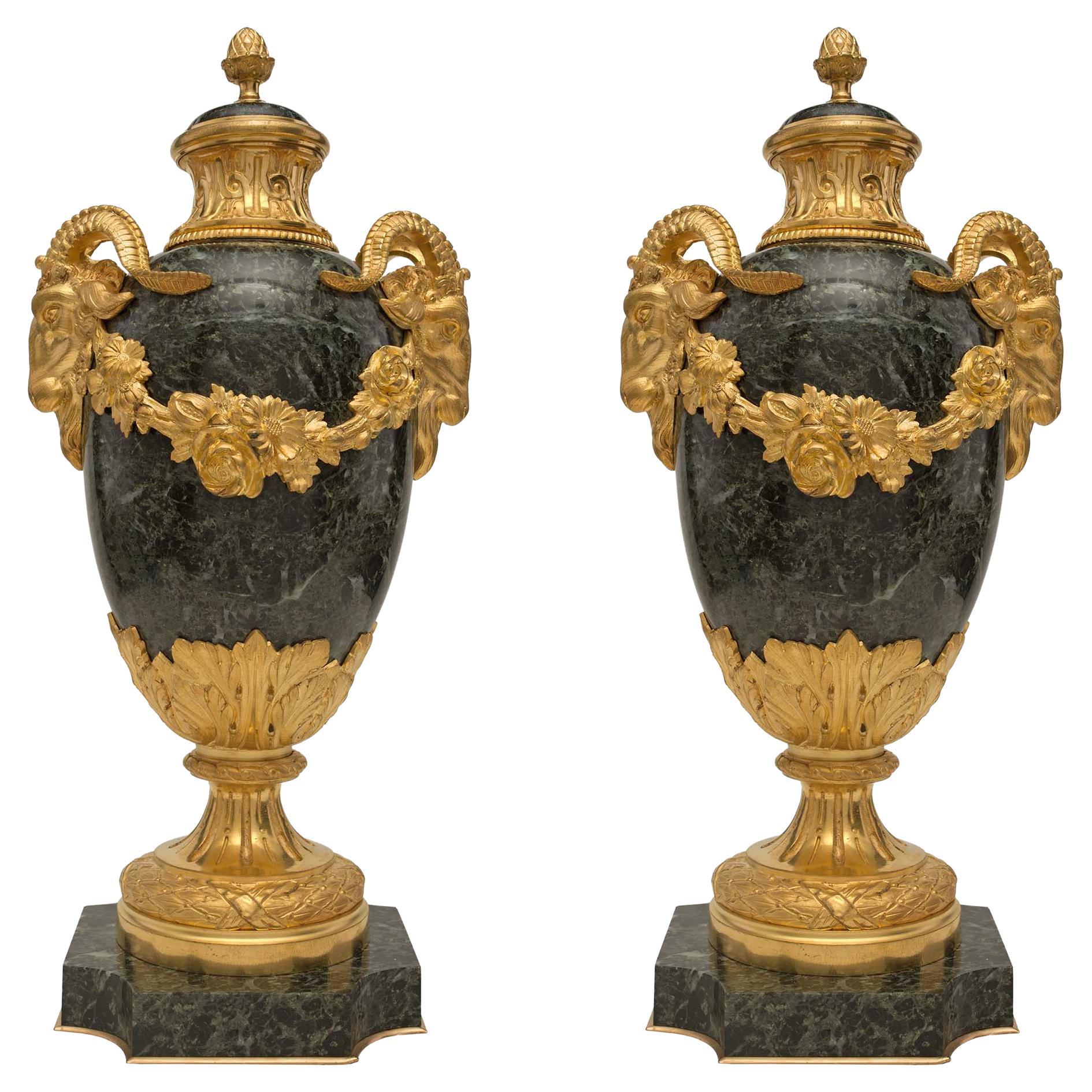 Pair of French 19th Century Louis XVI Style Vert Antique Lidded Marble Urns