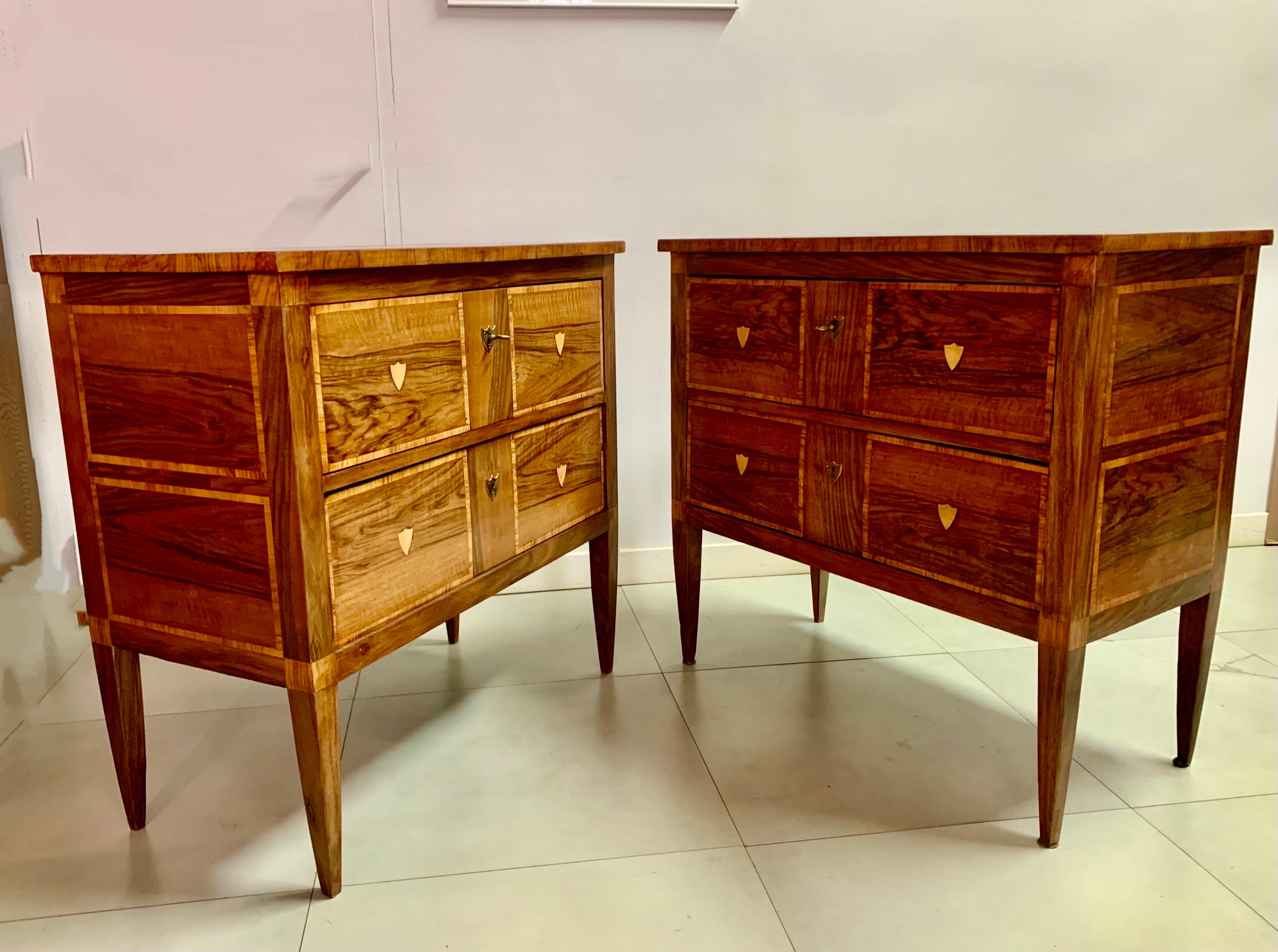 Bronze Pair of French 19th Century Louis XVI Style Walnut and Marquetry Commodes