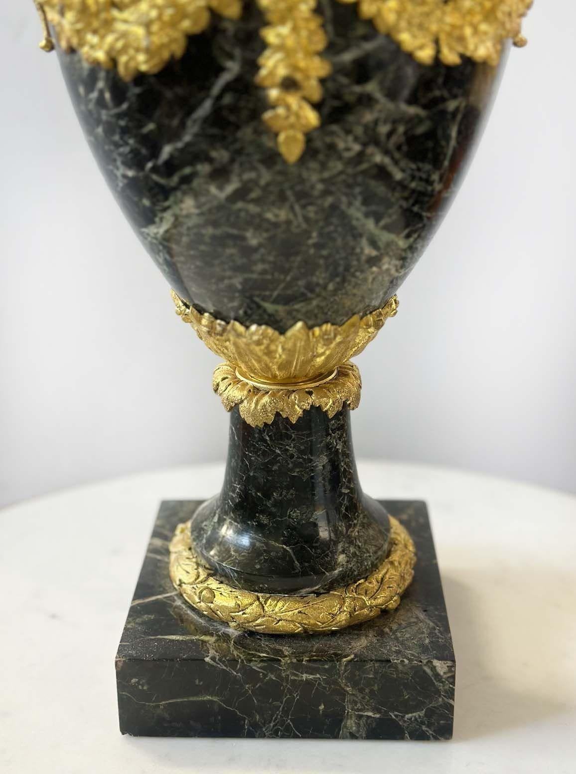 Pair of French 19th Century Luis XVI Bronze & Marble Urns For Sale 2