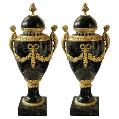 Antique Pair of French 19th Century Luis XVI Bronze & Marble Urns