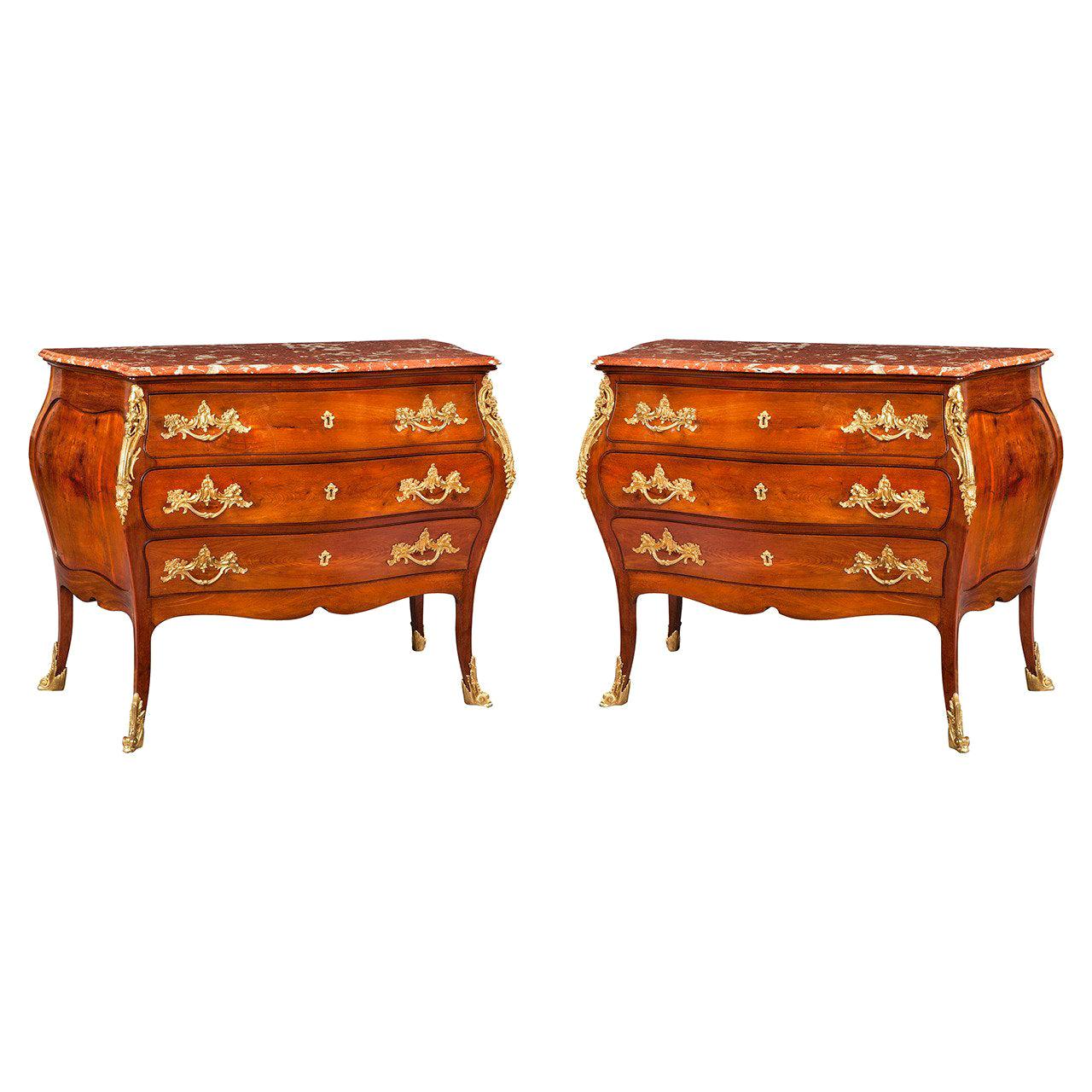Pair of French 19th Century Mahogany, Gilt and Red Marble Chest of Drawers