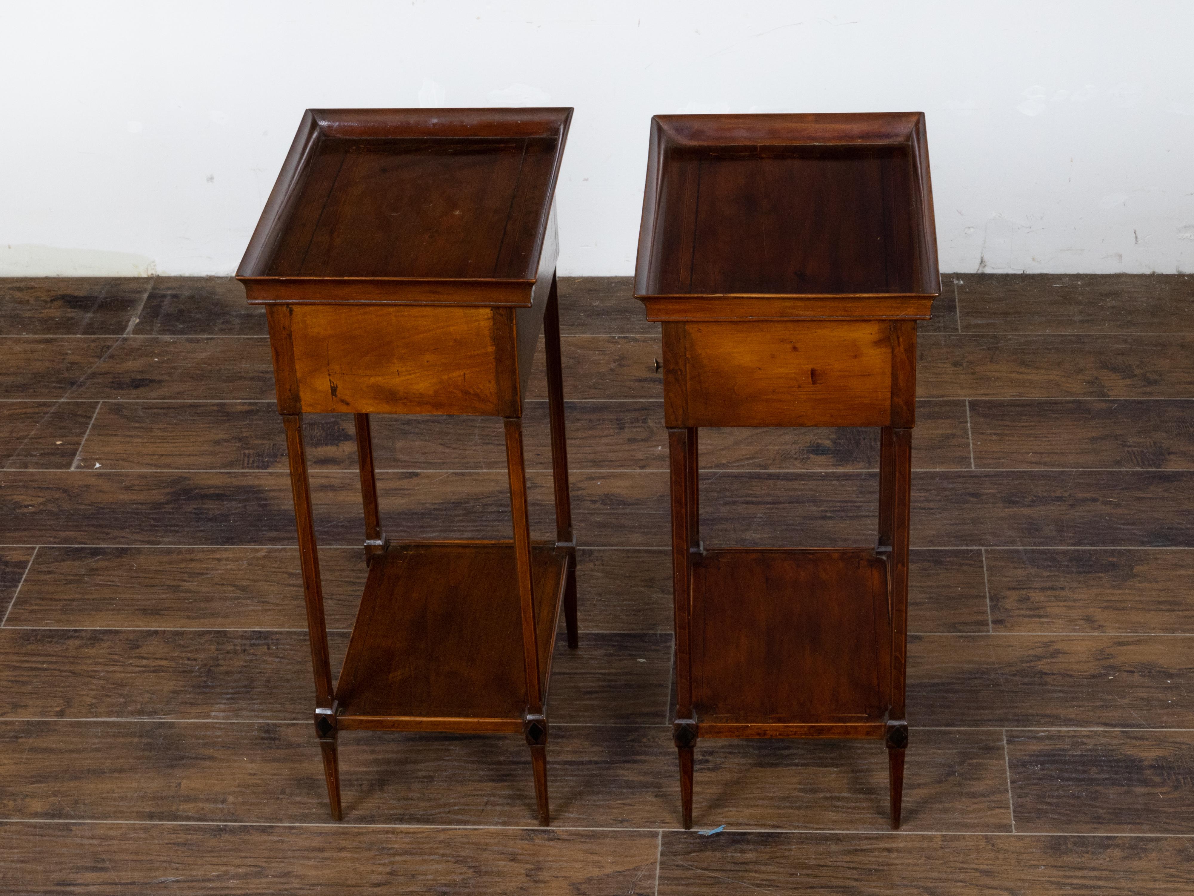 Carved Pair of French 19th Century Mahogany Tray Top Bedside Tables with Two Drawers For Sale