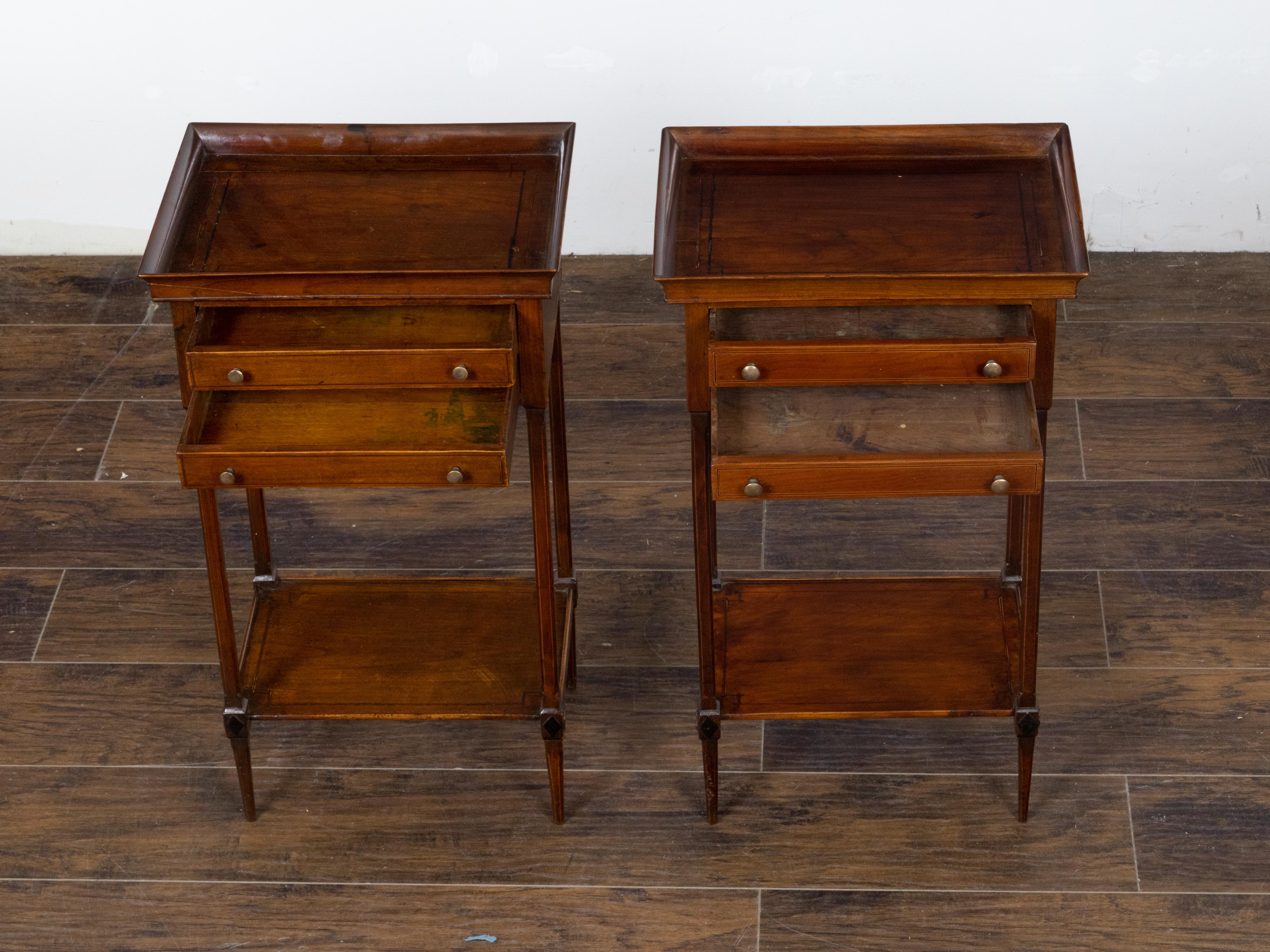 Brass Pair of French 19th Century Mahogany Tray Top Bedside Tables with Two Drawers For Sale