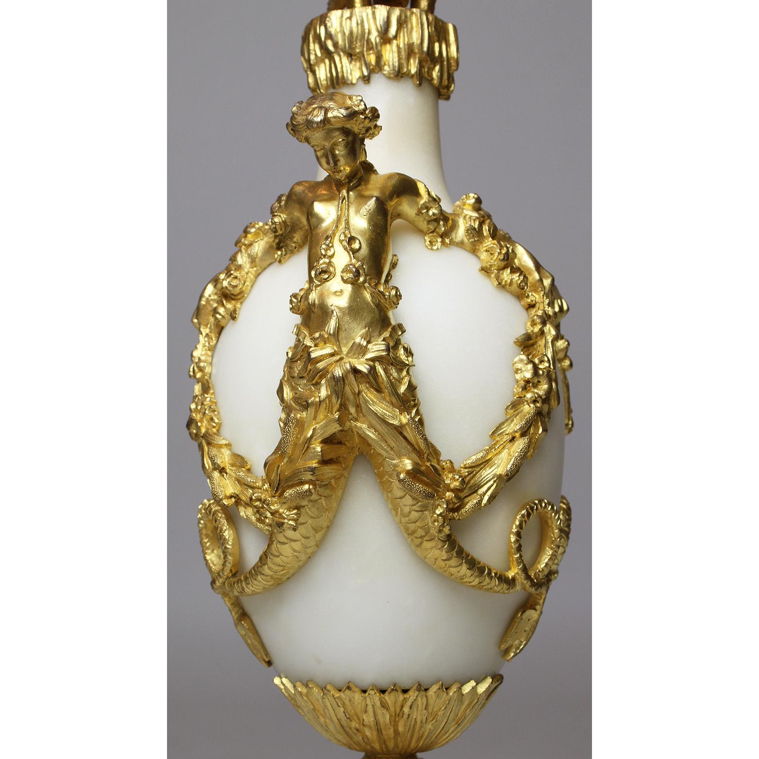 Gilt Pair of French 19th Century Marble and Ormolu Mounted Candelabra Lamps For Sale