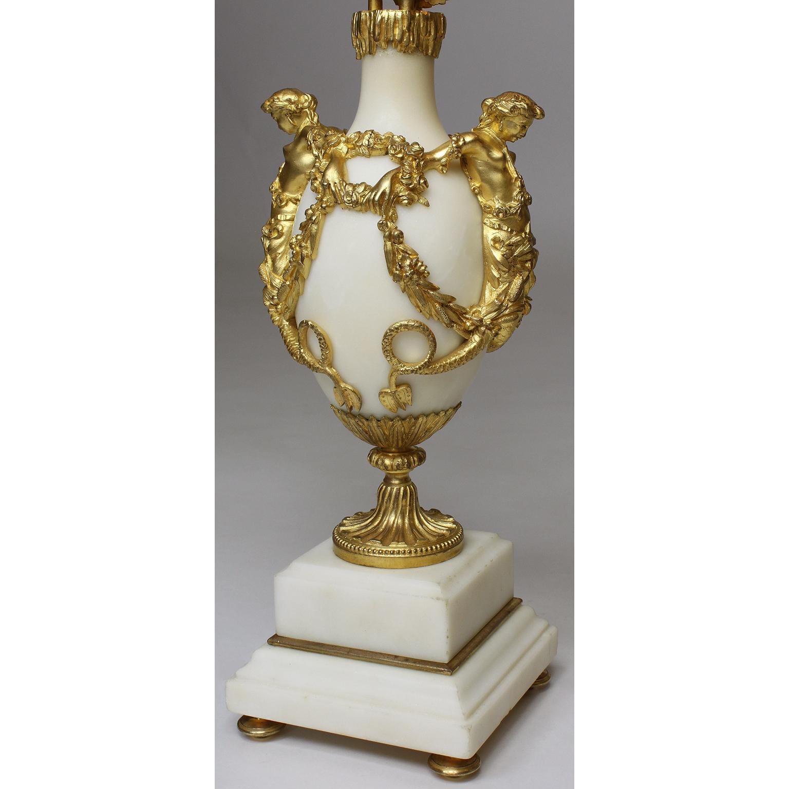 Pair of French 19th Century Marble and Ormolu Mounted Candelabra Lamps For Sale 1