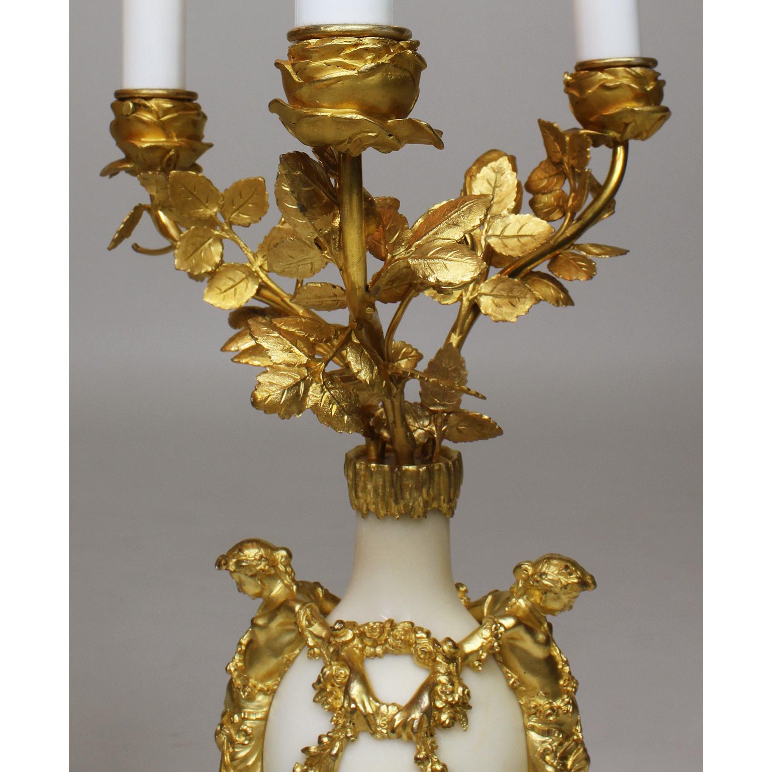 Pair of French 19th Century Marble and Ormolu Mounted Candelabra Lamps For Sale 2