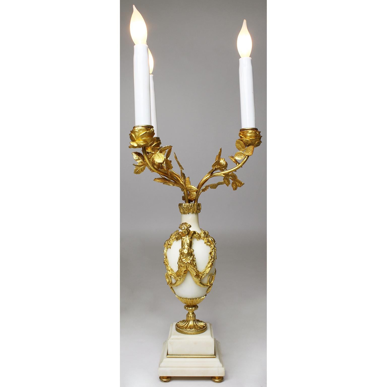 Pair of French 19th Century Marble and Ormolu Mounted Candelabra Lamps For Sale 4