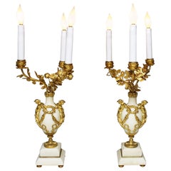 Pair of French 19th Century Marble and Ormolu Mounted Candelabra Lamps