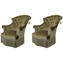 Pair of French 19th Century Napoleon III Olive Green Velvet Armchairs