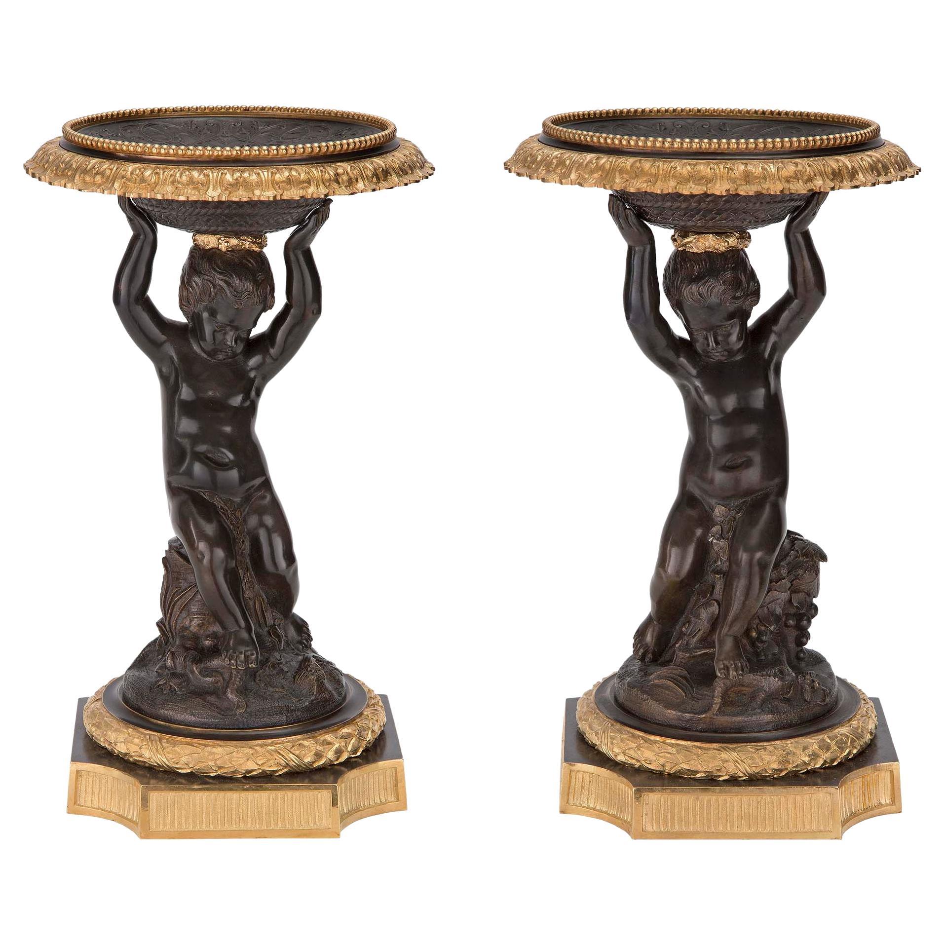 Pair of French 19th Century Napoleon III St. Patinated Bronze and Ormolu Tazzas For Sale